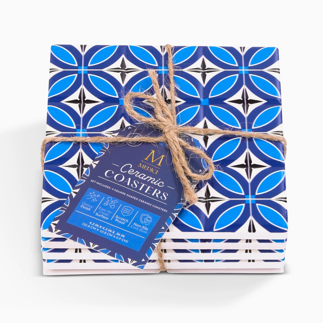 Set of 4 Square Tile Coasters - Blue Trefoil