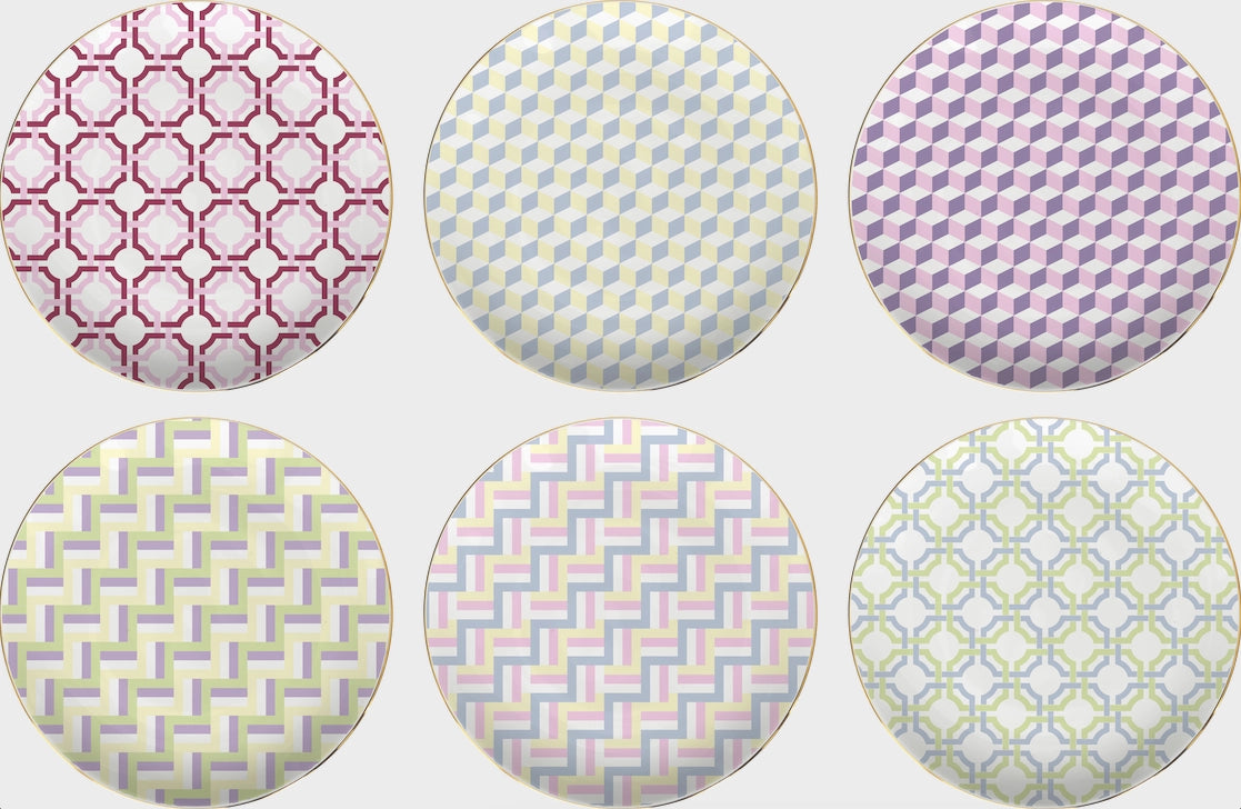 Six circular fabric swatches with geometric patterns on a white background