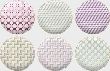 Six circular fabric swatches with geometric patterns on a white background