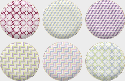 Six circular fabric swatches with geometric patterns on a white background