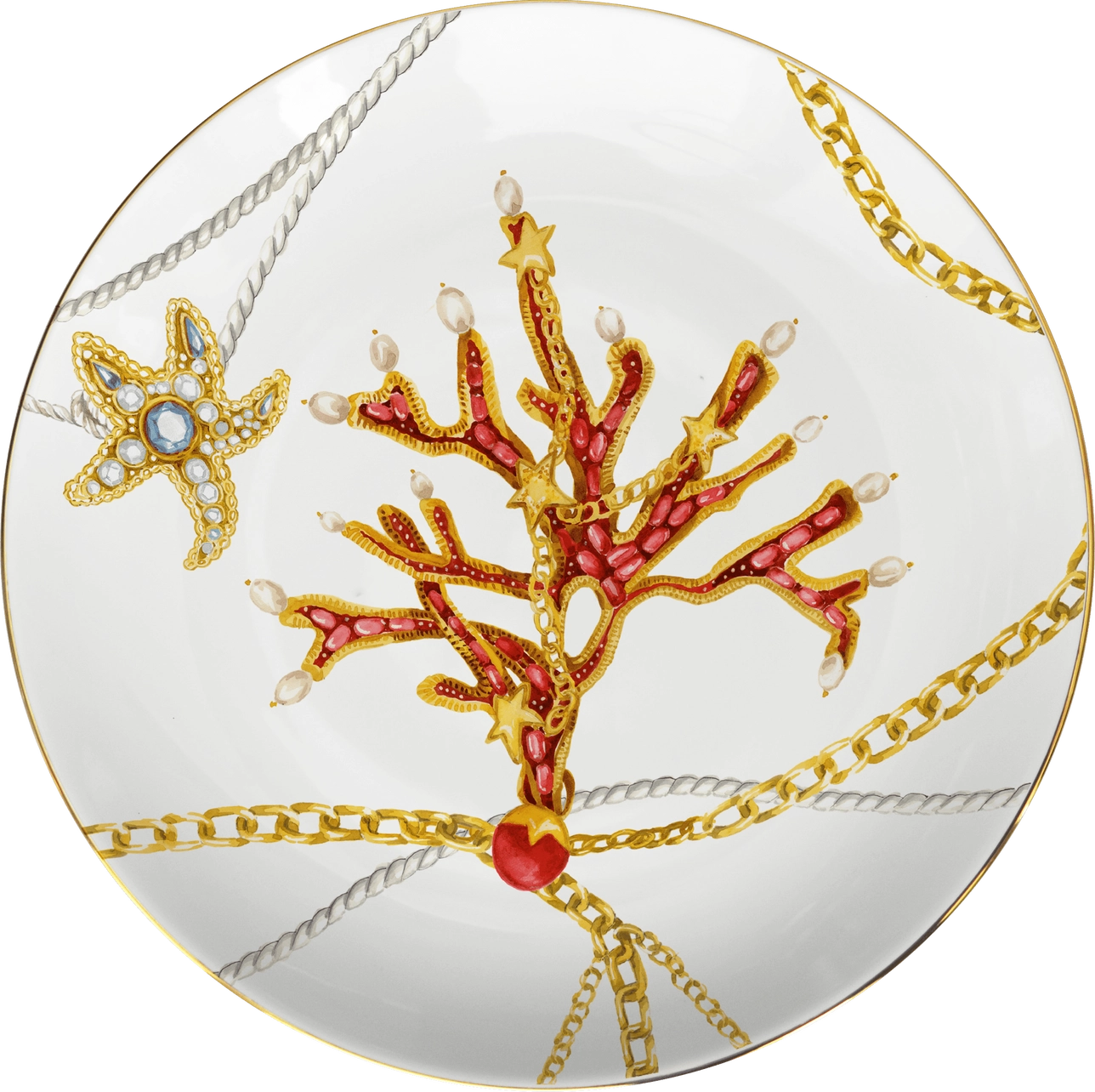 Decorative plate with coral and starfish design on a white background