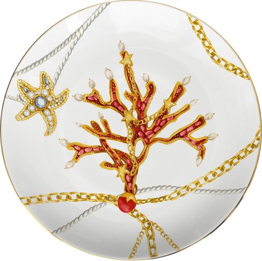 Decorative plate with coral and starfish design on a white background