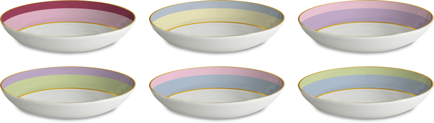 Set of six ceramic bowls with colorful rims on a white background