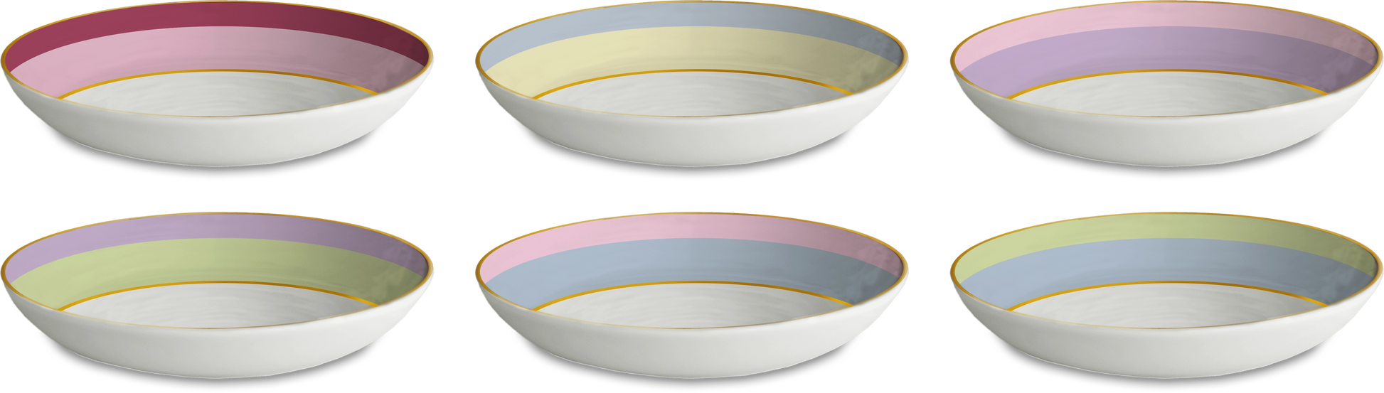Set of six ceramic bowls with colorful rims on a white background