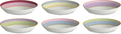 Set of six ceramic bowls with colorful rims on a white background