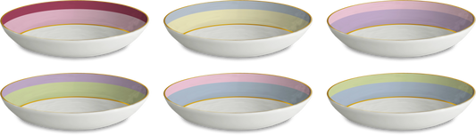 Set of six ceramic bowls with colorful rims on a white background