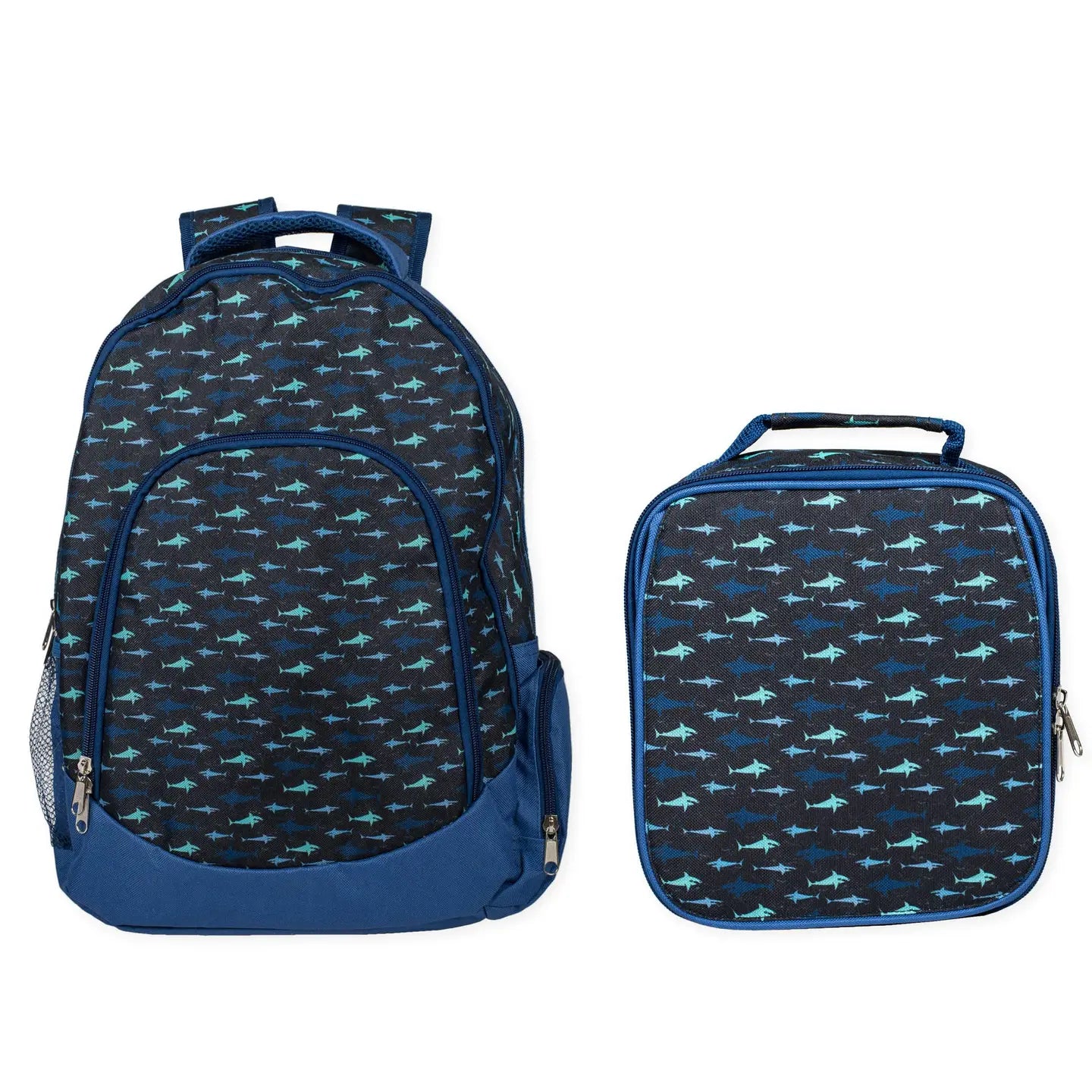 Backpack and lunch bag set with shark pattern on a white background