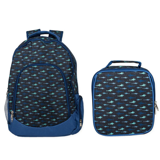 Backpack and lunch bag set with shark pattern on a white background