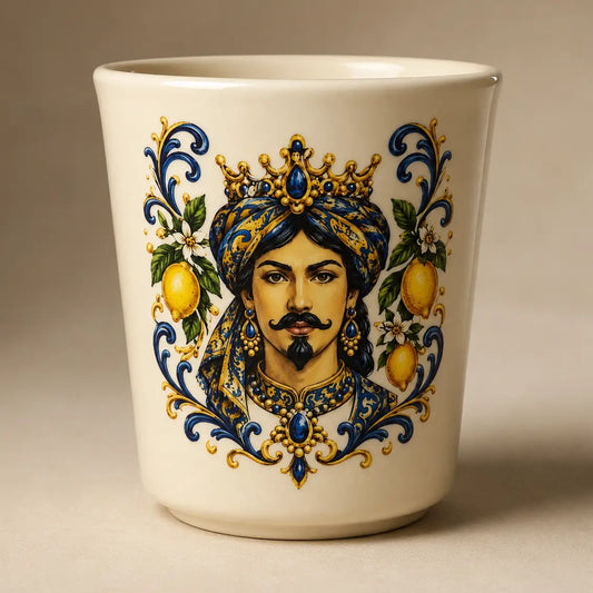 An off-white ceramic cup featuring a detailed illustration of a bearded man wearing a gold and blue crown, flanked by lemons and blue-and-gold ornamental scrollwork, set against a neutral beige background. NY Gift Boutique