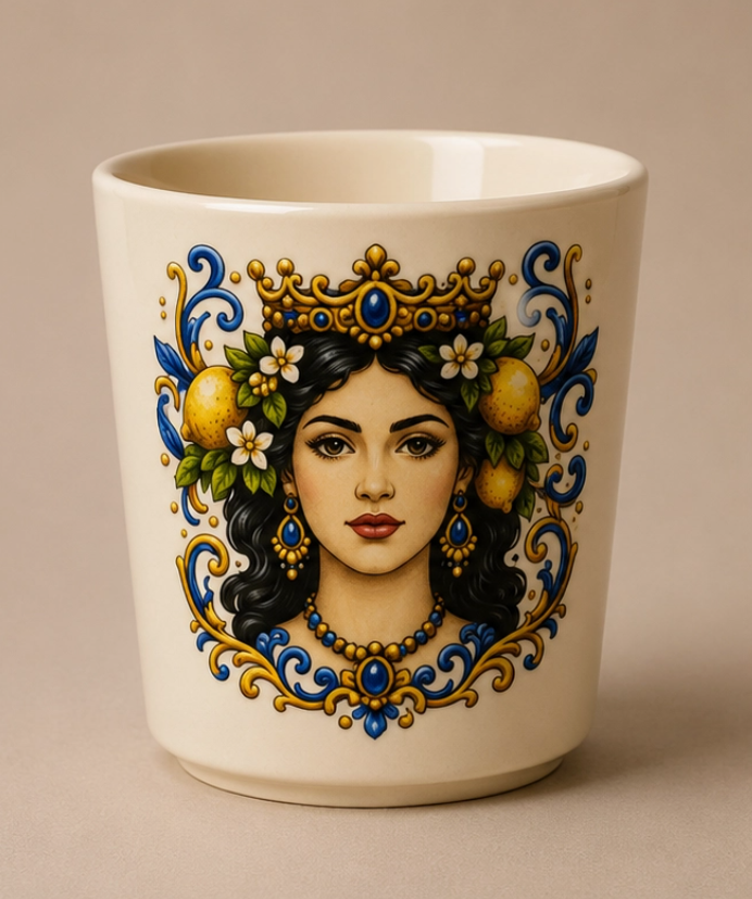 An off-white ceramic mug featuring a detailed illustration of a woman with black hair, a gold crown, blue and gold scrollwork, and yellow lemons on a beige background. NY Gift Boutique