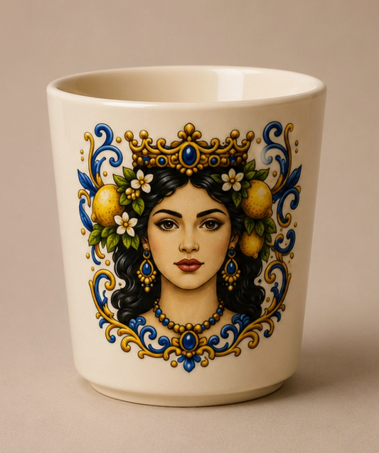 An off-white ceramic mug featuring a detailed illustration of a woman with black hair, a gold crown, blue and gold scrollwork, and yellow lemons on a beige background. NY Gift Boutique