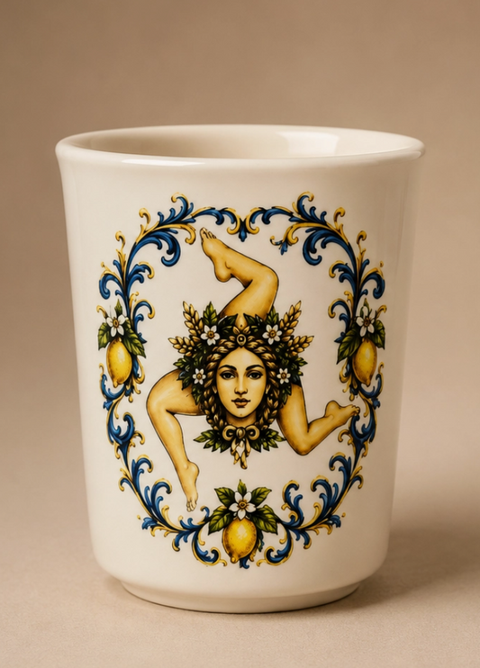 A white ceramic cup featuring a decorative Mediterranean-style illustration of the Trinacria symbol, with blue scrollwork, yellow lemons, and green leaves on a beige background. NY Gift Boutique