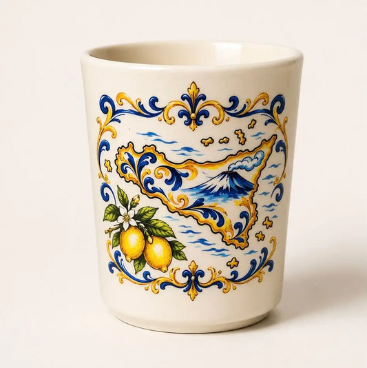 An off-white ceramic cup featuring a hand-painted Italian-style design with a map of Sicily, blue waves, lemons, and green leaves, set against a plain light background. NY Gift Boutique