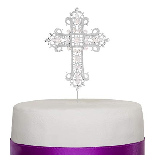 Silver Crystal Cross Cake Topper