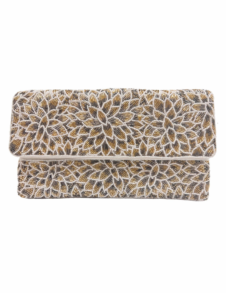 Floral patterned clutch bag on a white background