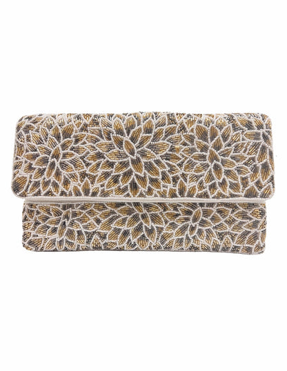 Floral patterned clutch bag on a white background