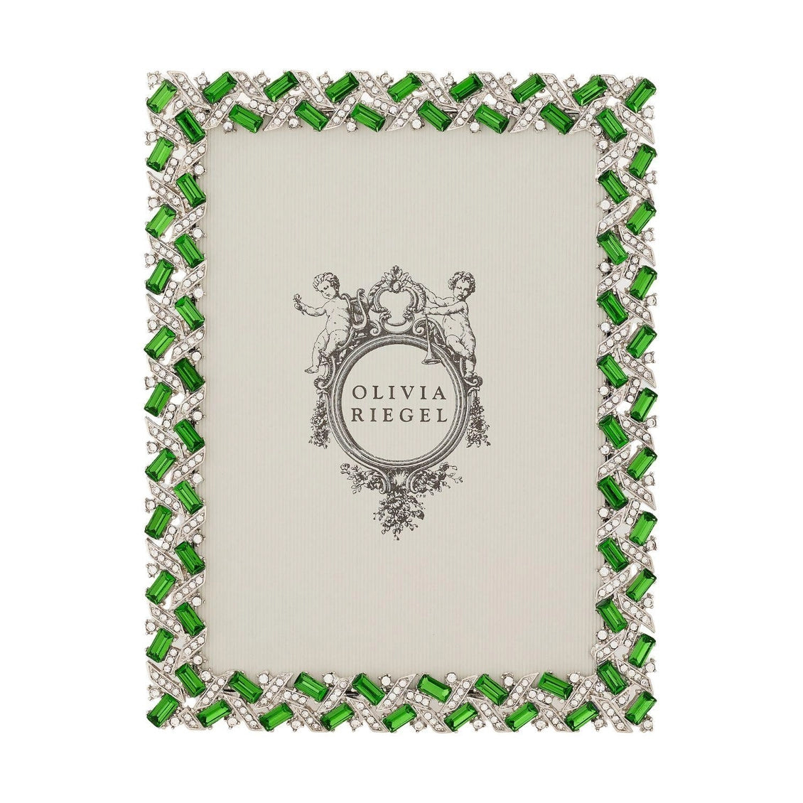 Decorative photo frame with green gemstones and Olivia Riegel logo