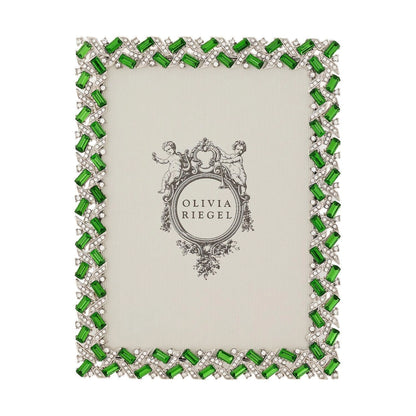 Decorative photo frame with green gemstones and Olivia Riegel logo