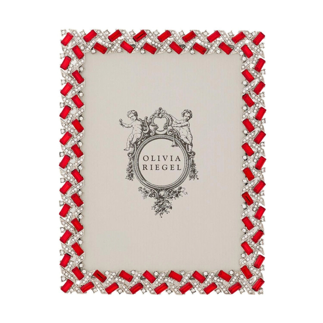 Decorative photo frame with red gemstones and silver accents on a white background, featuring the brand 'Olivia Riegel'.