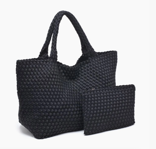 Black woven handbag with a matching pouch on a white background