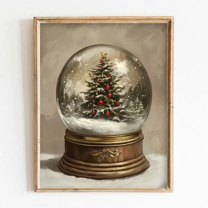 Framed artwork of a Christmas tree inside a snow globe on a white background