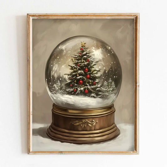 Framed artwork of a Christmas tree inside a snow globe on a white background