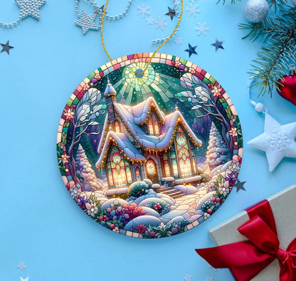 Decorative Christmas ornament with a snowy village scene on a blue background with stars and a gift.