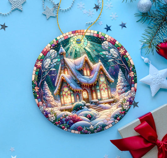 Decorative Christmas ornament with a snowy village scene on a blue background with stars and a gift.