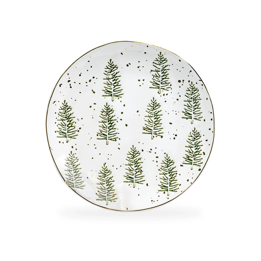 Decorative plate with green tree patterns on a white background