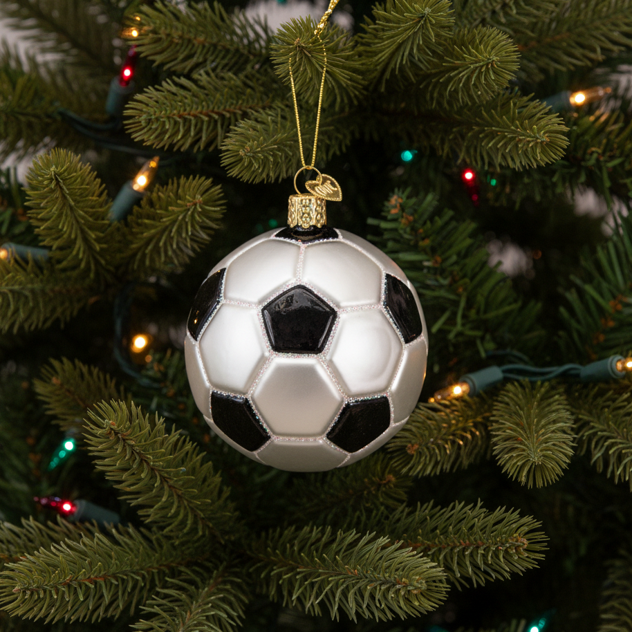 Soccer ball Christmas ornament on a decorated tree