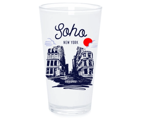 Clear glass with 'Soho New York' design on a white background