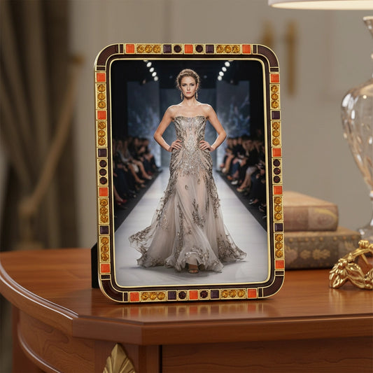 Decorative photo frame with a woman in a silver dress on a blurred fashion show background