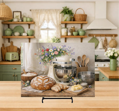 Kitchen scene with a stand mixer, bread, and flowers on a wooden table.