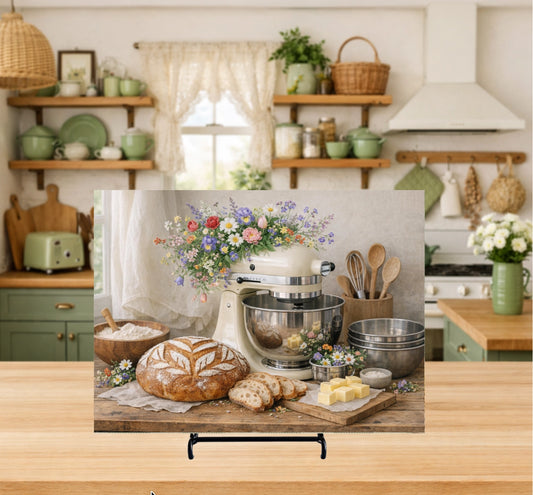 Kitchen scene with a stand mixer, bread, and flowers on a wooden table.
