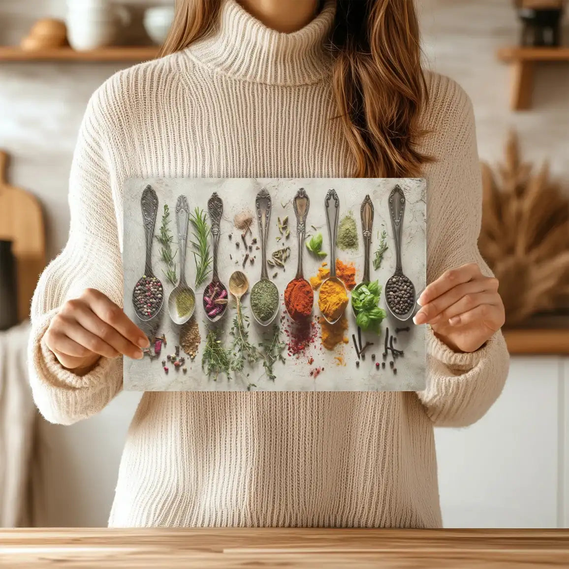 Person holding a glass cutting board with spoons filled with various spices and herbs in a kitchen setting