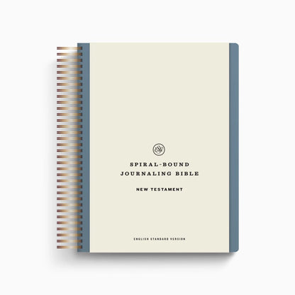 Spiral-bound journaling Bible with blue cover on a white background