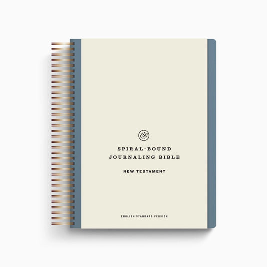 Spiral-bound journaling Bible with blue cover on a white background