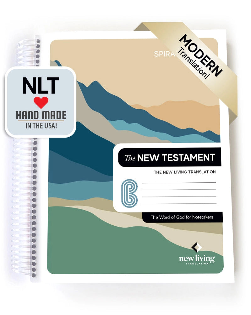 New Testament spiral-bound book with mountain design and NLT branding on a white background