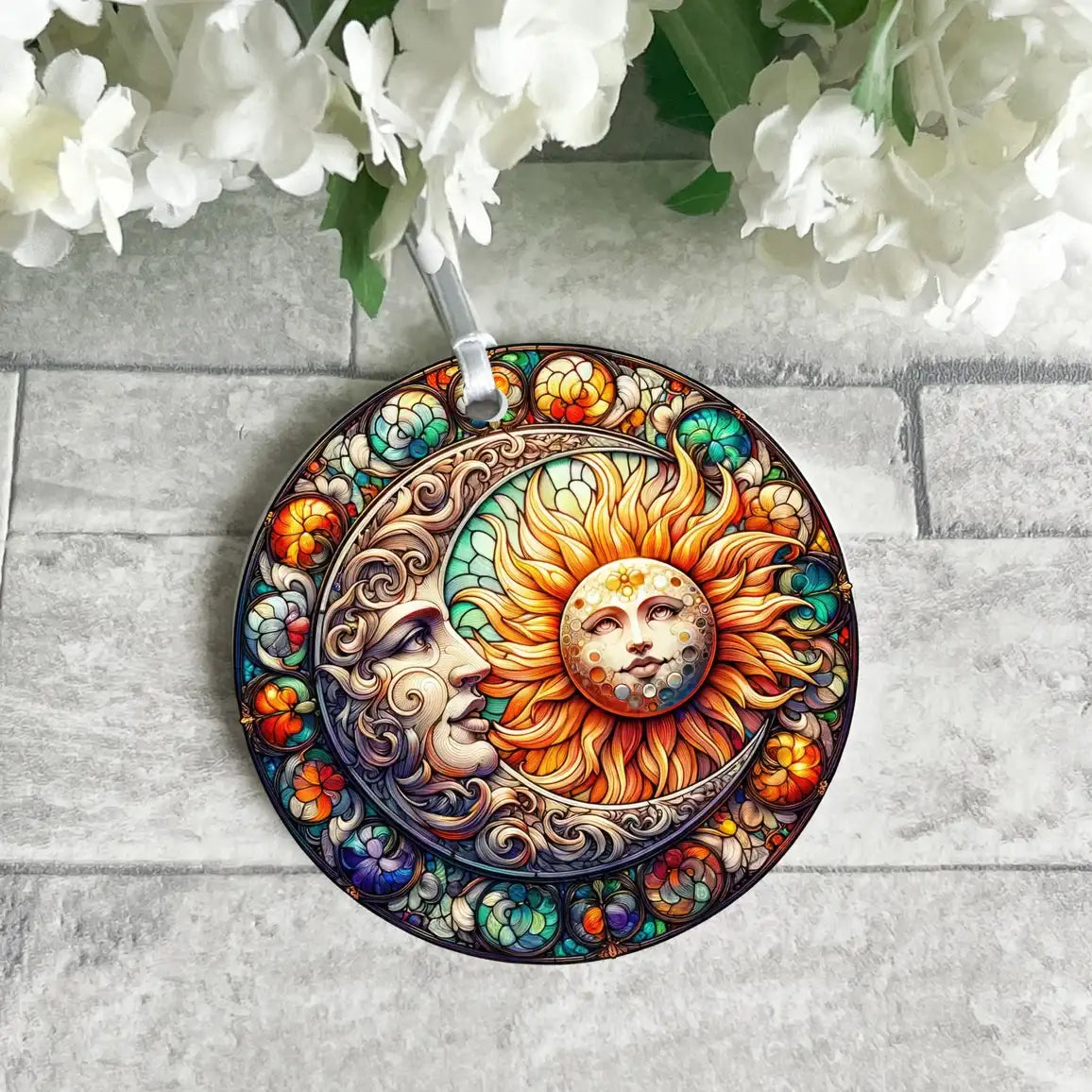 Stained Glass Effect Moon & Sun Ceramic Disc Ornament