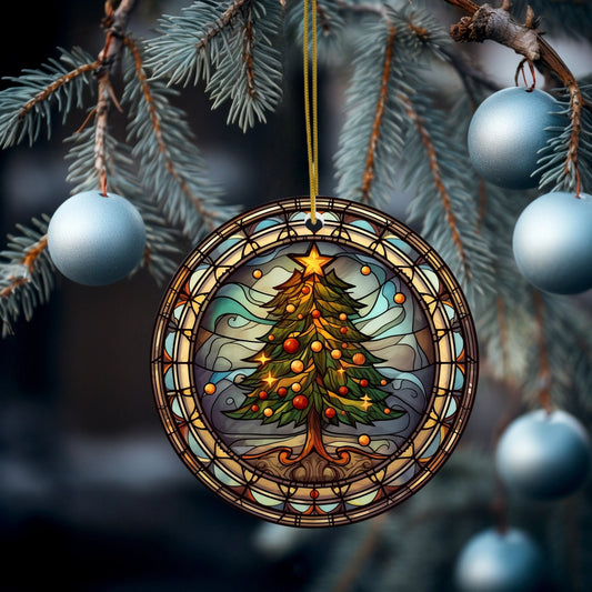 Stained Glass Effect Christmas Tree Ceramic Disc Ornament