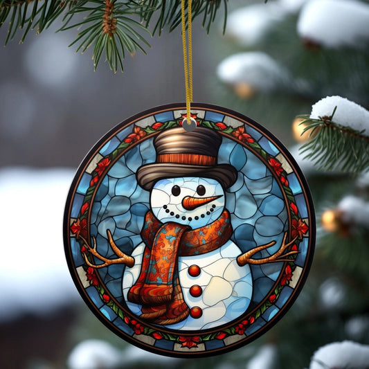 Stained Glass Effect Snowman Ceramic Disc Ornament