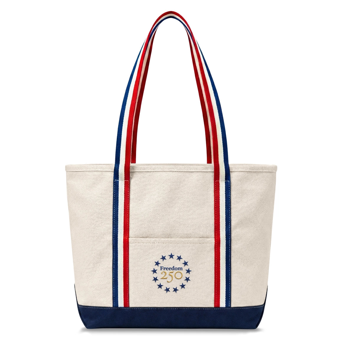 Beige tote bag with red, white, and blue handles on a white background