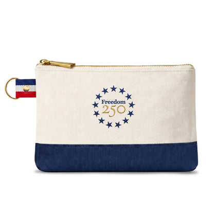 Canvas pouch with 'Freedom 250' design on a white background
