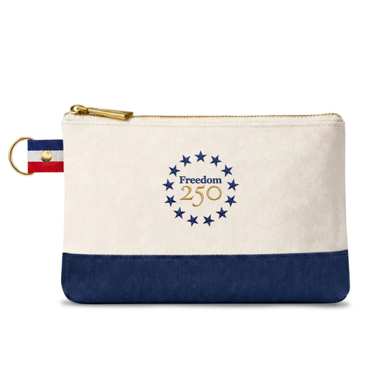 Canvas pouch with 'Freedom 250' design on a white background