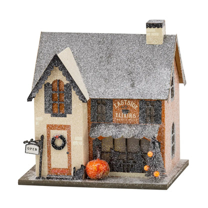 A decorative miniature house with a snowy gray roof, beige and orange facade, a storefront sign reading "Eastside Elixirs," a small pumpkin, a black cat figurine, and an open sign on a white background.