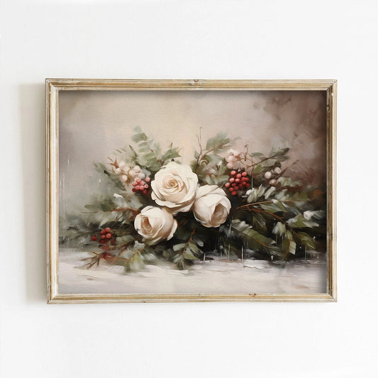 Framed painting of a floral arrangement with roses and berries on a light background