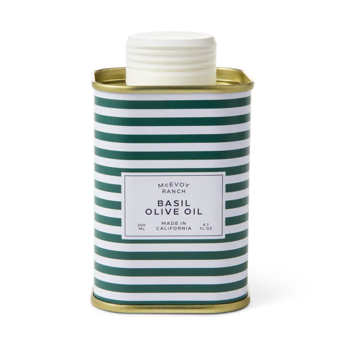 A 220 mL metal can of McEvoy Ranch Basil Olive Oil, featuring a white screw cap and a green and white striped body with gold metal rims, set against a plain white background.
