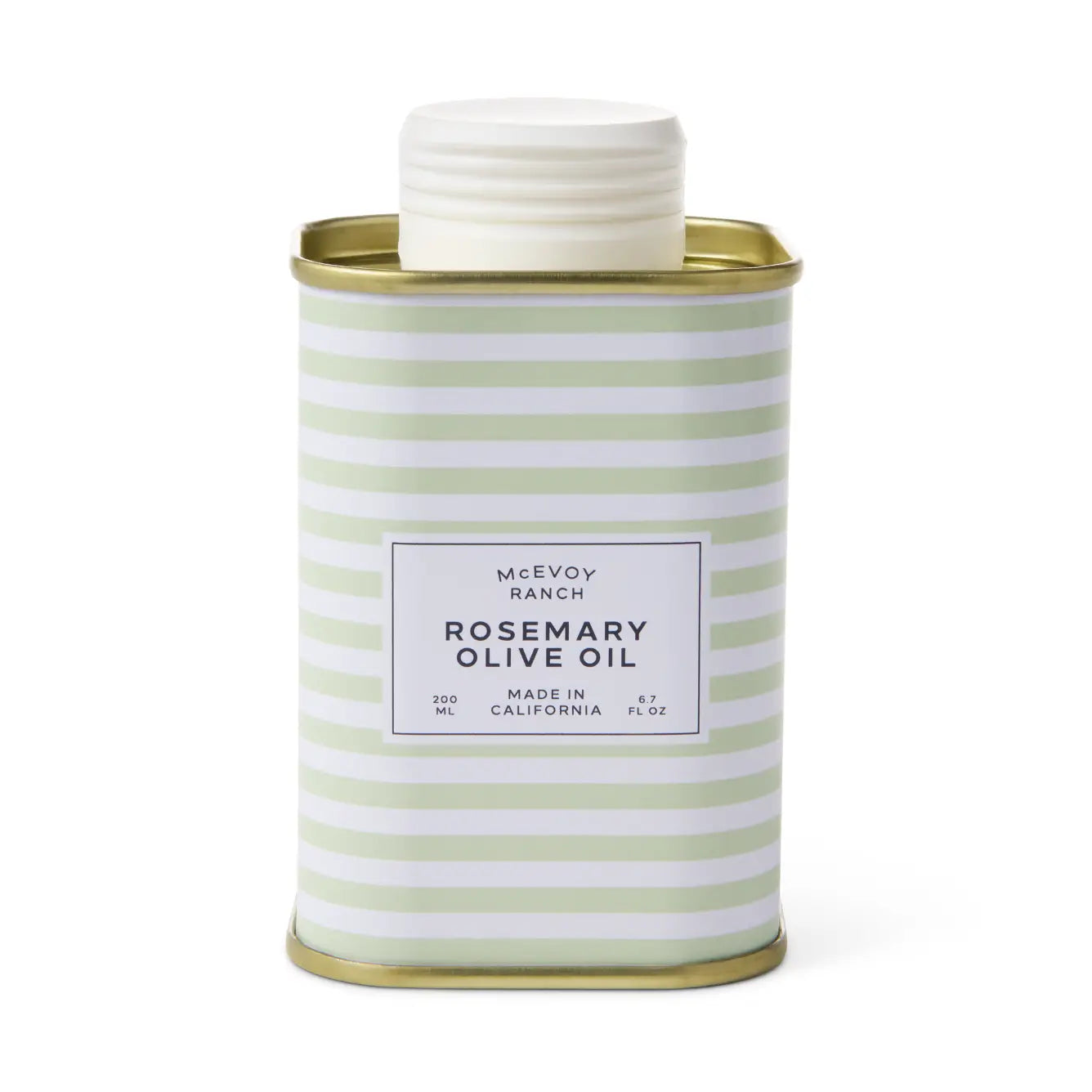 A McEvoy Ranch Rosemary Olive Oil container in a square metal tin with a white screw cap, featuring a white label with black text and a pattern of light green and white horizontal stripes, set against a plain white background.