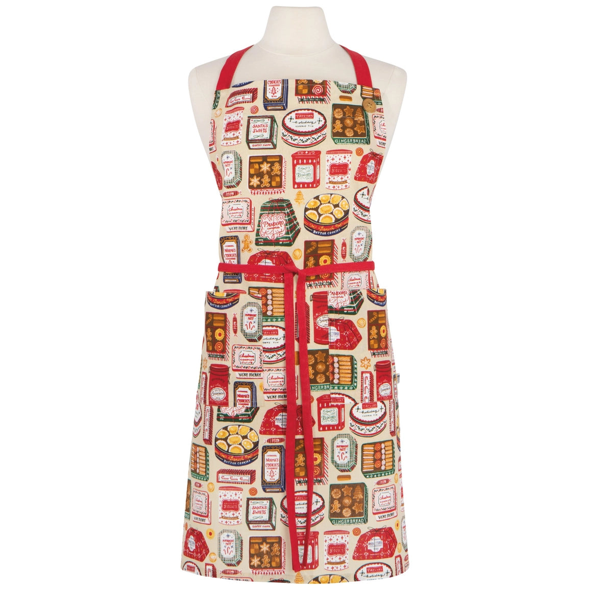 Patterned apron on a mannequin with a white background
