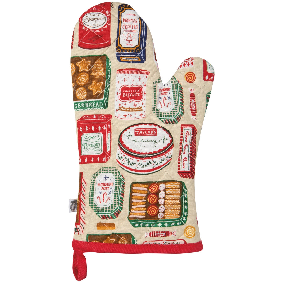 Oven mitt with vintage-style packaging design on a white background